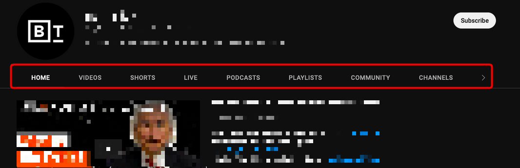 youtube channel page tabs
