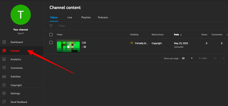 youtube studio content menu option