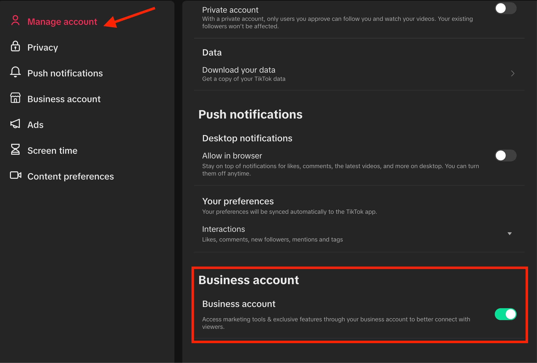 tiktok business account desktop settings